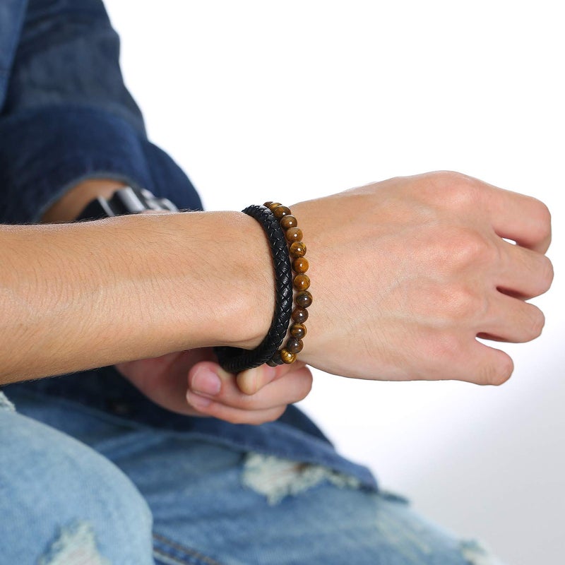 VNOX Two-Strand Braided Leather Cuff Wristband Bead Rope Bracelet Engraved Egyptian Eye of Horus Eye of Ra Ankh Cross Bracelet,Brown - Image 5